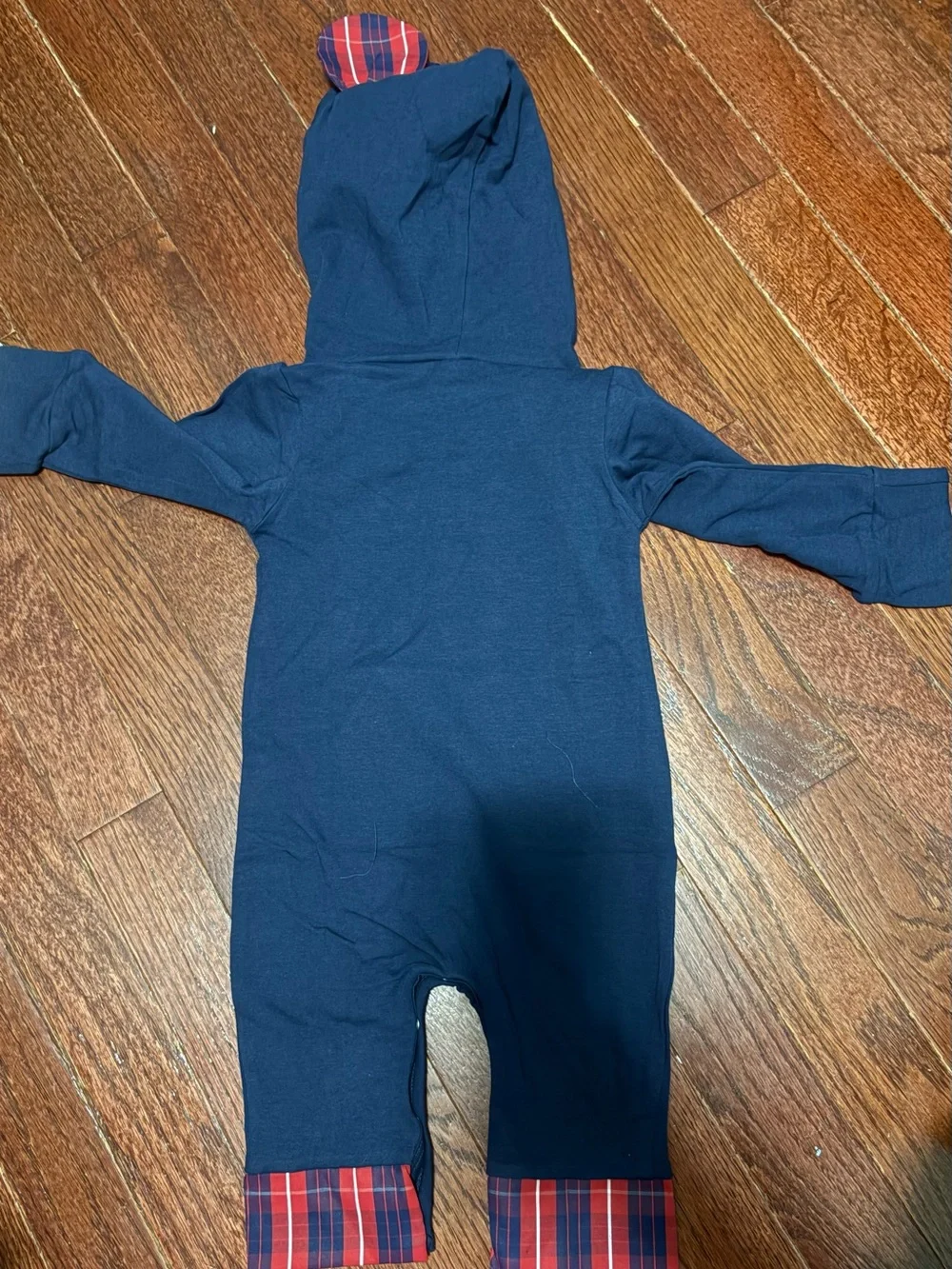 Ann Loren Navy One-Piece with Red Plaid Hood & Pocket